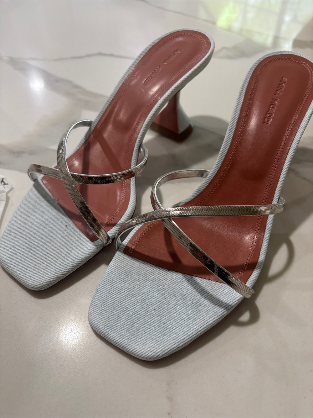 Silver-Strap Light Blue Denim Square-Toe Heeled Sandals